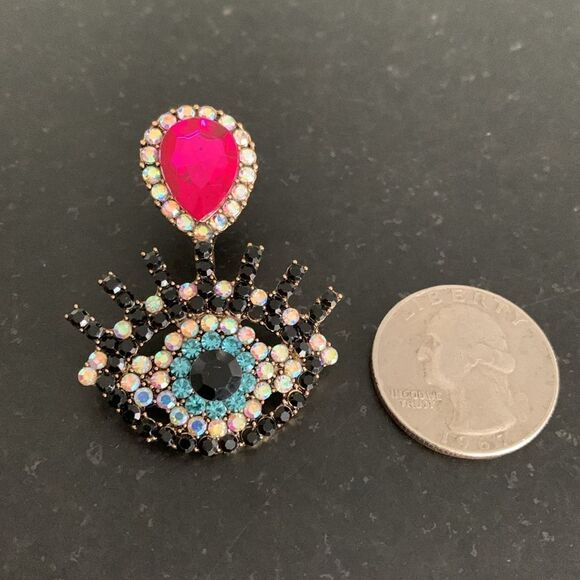 Colorful Eye Mosaic Crystal Rhinestone Earrings, Evil Eye Studs, Pink Protection - Picture 8 of 11